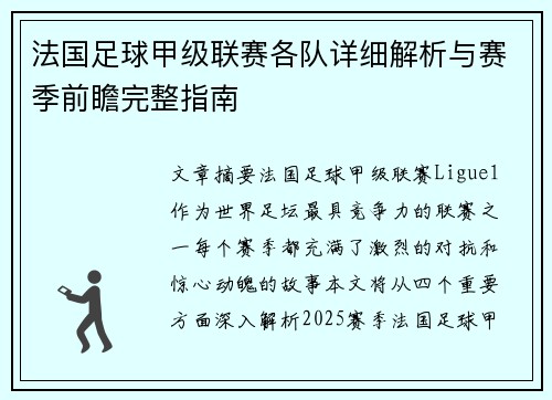法国足球甲级联赛各队详细解析与赛季前瞻完整指南